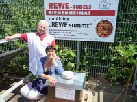 Bienenpatin Annemarie Rudel und Ilona Munique stehen vor neuer Bienenheimat im REWE-Markt