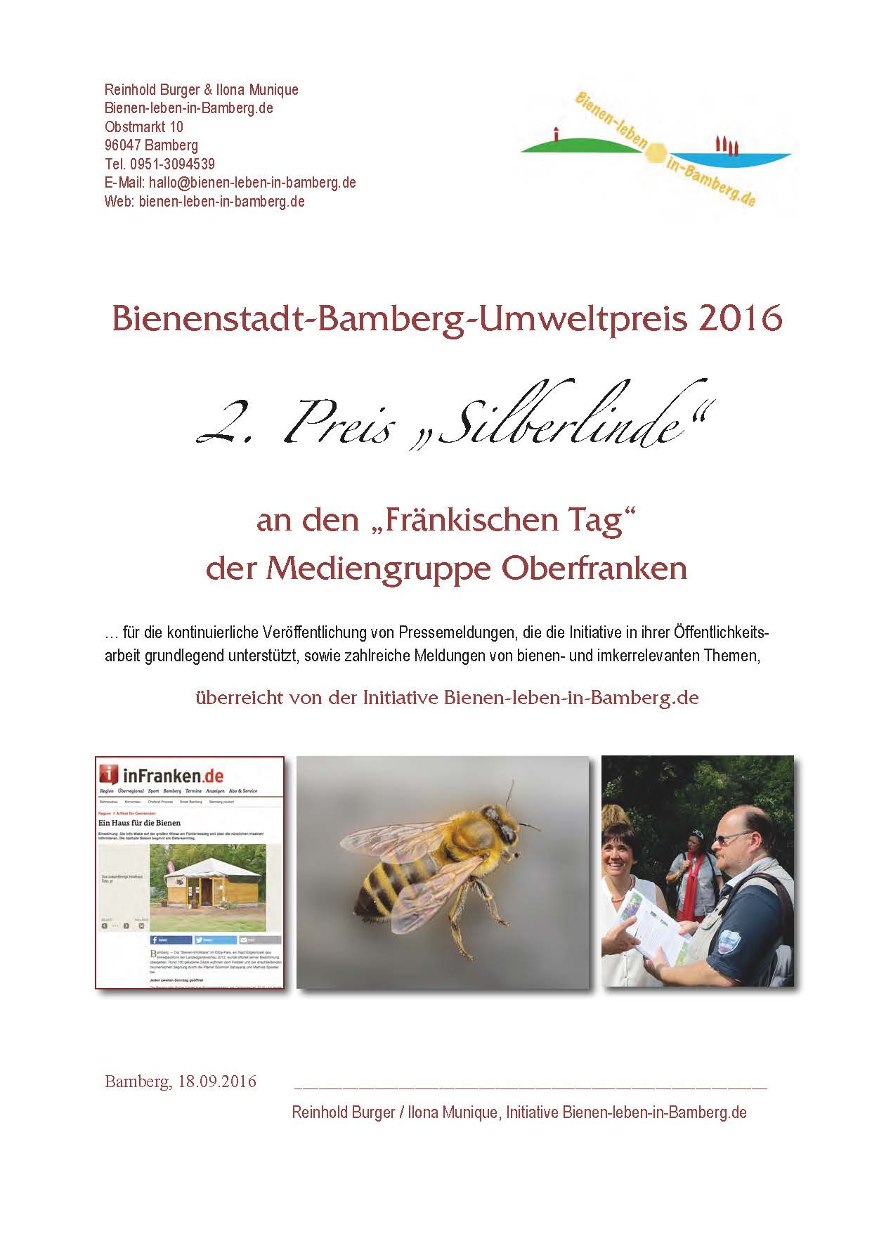 2. Preis Bienenstadt-Bamberg-Umweltpreis 2016 von Bienen-leben-in-Bamberg.de