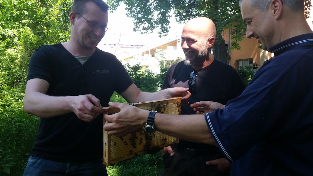 Teilnehmende mit bienenbesetzten Rähmchen im VHS-Kurs zur Imkerei