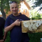 Teilnehmender mit bienenbesetzten Rähmchen im VHS-Kurs zur Imkerei
