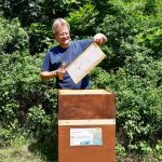 Reinhold zieht Honigwabe aus Volk von Bienenpatin Felicitas "Fee" Sauer