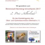Urkunde zum 2. Preis "Silberlinde" des Bienenstadt-Bamberg-Umweltpreises 2017