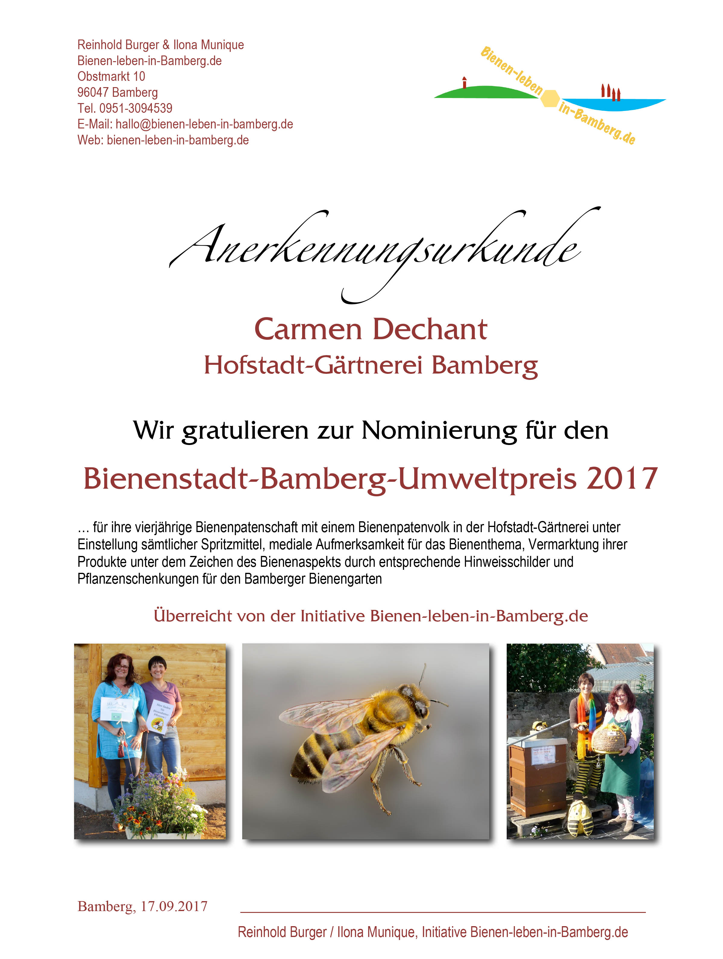 Anerkennungsurkunde für Carmen Dechant, Bienenstadt-Bamberg-Umweltpreis 2017