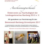 Anerkennungsurkunde für Förderverein zur Nachhaltigkeit der Landesgartenschau Bamberg 2012 e. V., Bienenstadt-Bamberg-Umweltpreis 2017