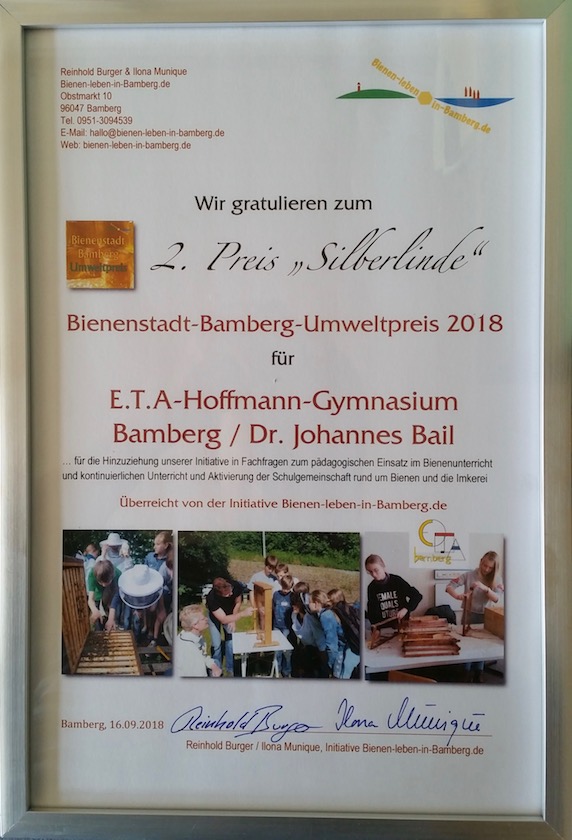 Urkunde 2. Preis Bienenstadt-Bamberg-Umweltpreis 2018 