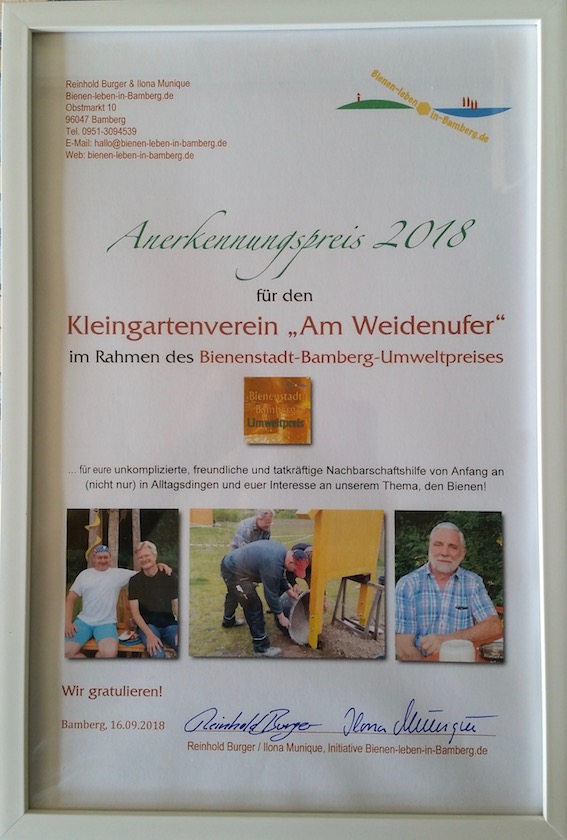 Anerkennungsurkunde Bienenstadt-Bamberg-Umweltpreis 2018 