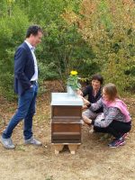 Bienenpatin MdB Lisa Badum und interessierter Gast, MdB Harald Ebner, bei der Kennzeichnung ihres Bienenpatenvolkes