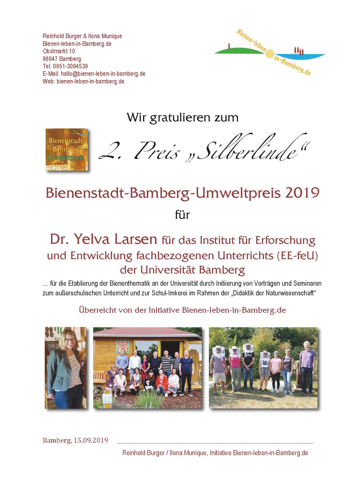 2. Preis BBU 2019 an Dr. Yelva Larsen