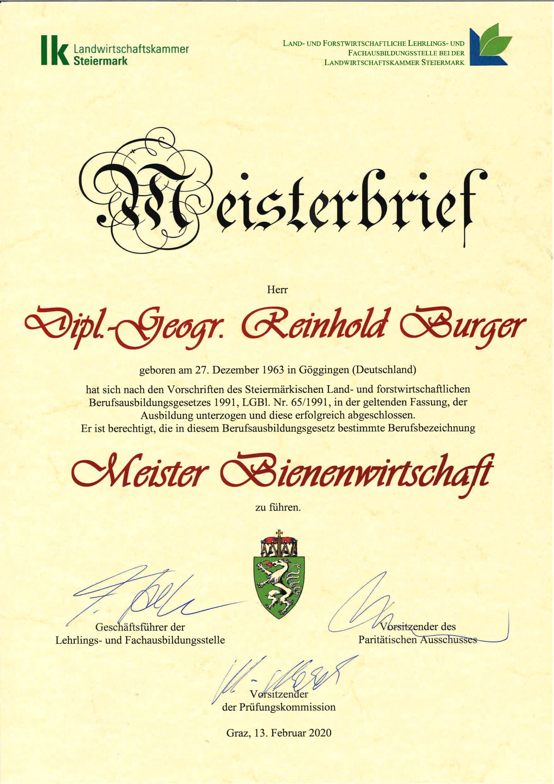 Urkunde / Imkermeisterbrief für Reinhold Burger 2020