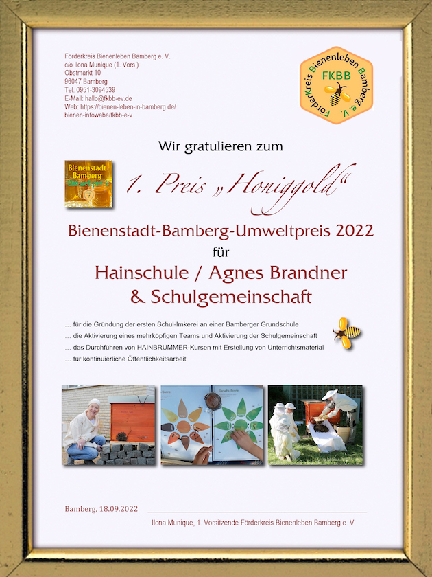 Urkunde Bienenstadt-Bamberg-Umweltpreis 2022 (BBU22), verliehen am 18.09.2022