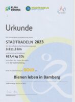 Stadtradeln 2023; Urkunde "Gold" für Bienen-leben-in-Bamberg.de