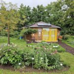 Bienen-InfoWabe mit Schau-Pfingstrosenbeet im Bamberger Bienengarten