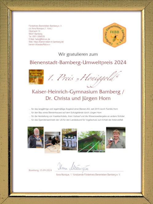 Urkunde zum Bienenstadt-Bamberg-Umweltpreis 2024 (BBU24)