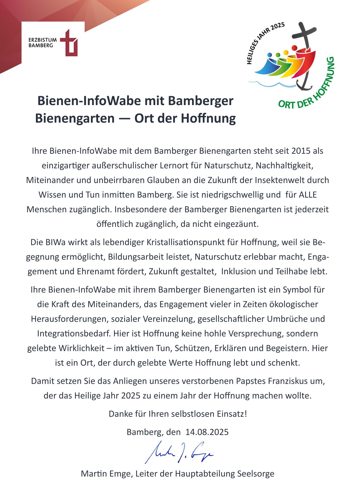 Dankurkunde der Erzdiözese Bamberg zur Auszeichnung "Ort der Hoffnung" für die Bienen-InfoWabe (BIWa) und den Bamberger Bienengarten 