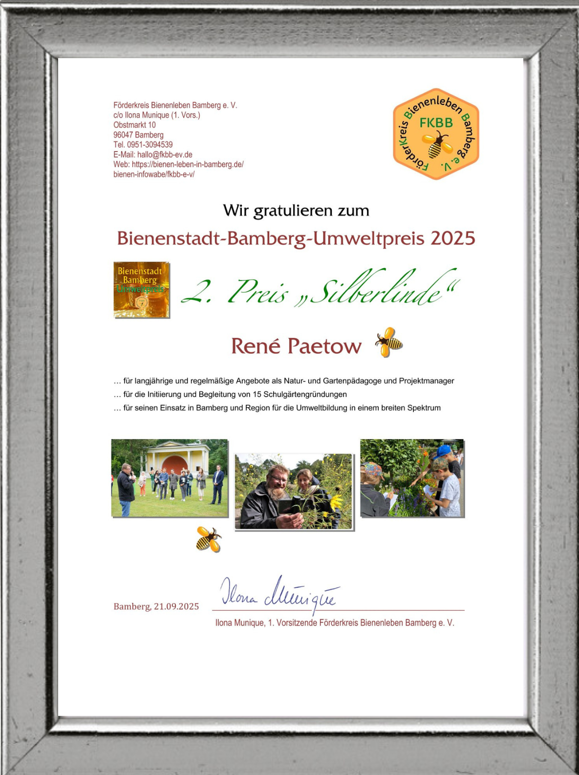 Urkunde zum Bienenstadt-Bamberg-Umweltpreis 2025 (BBU25)