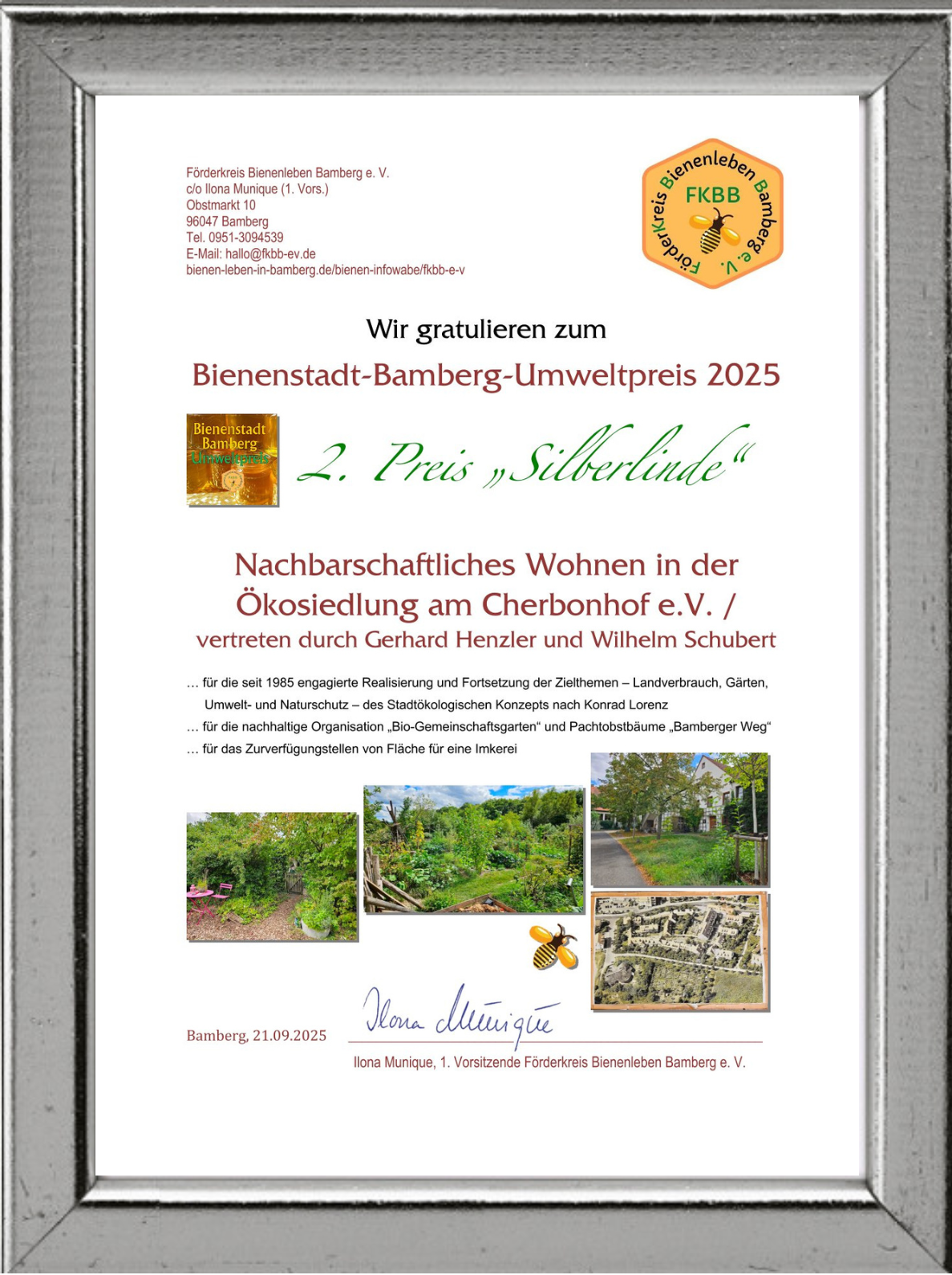 Urkunde zum Bienenstadt-Bamberg-Umweltpreis 2025 (BBU25)