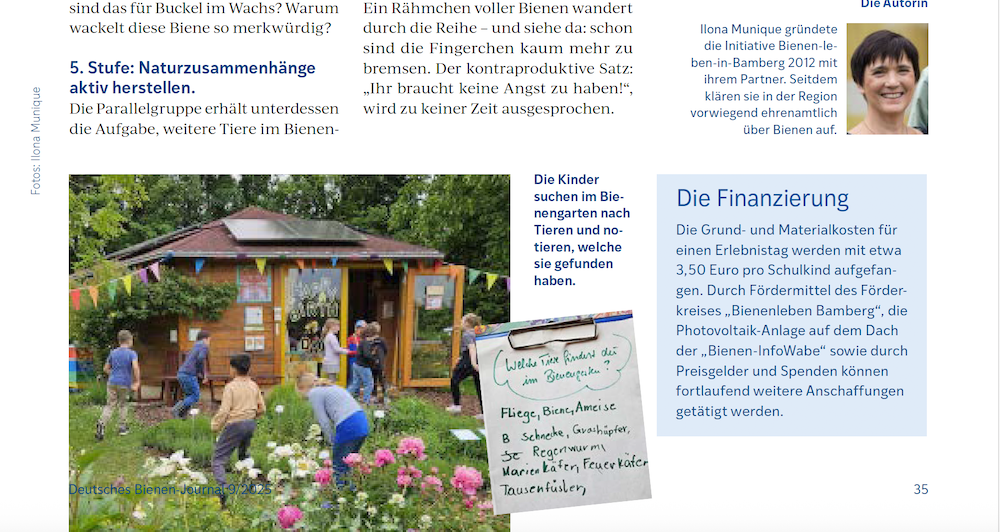 Screenshot Artikel Ilona Munique, Bienen erleben In: DBJ, 09, 2025, S. 34-35