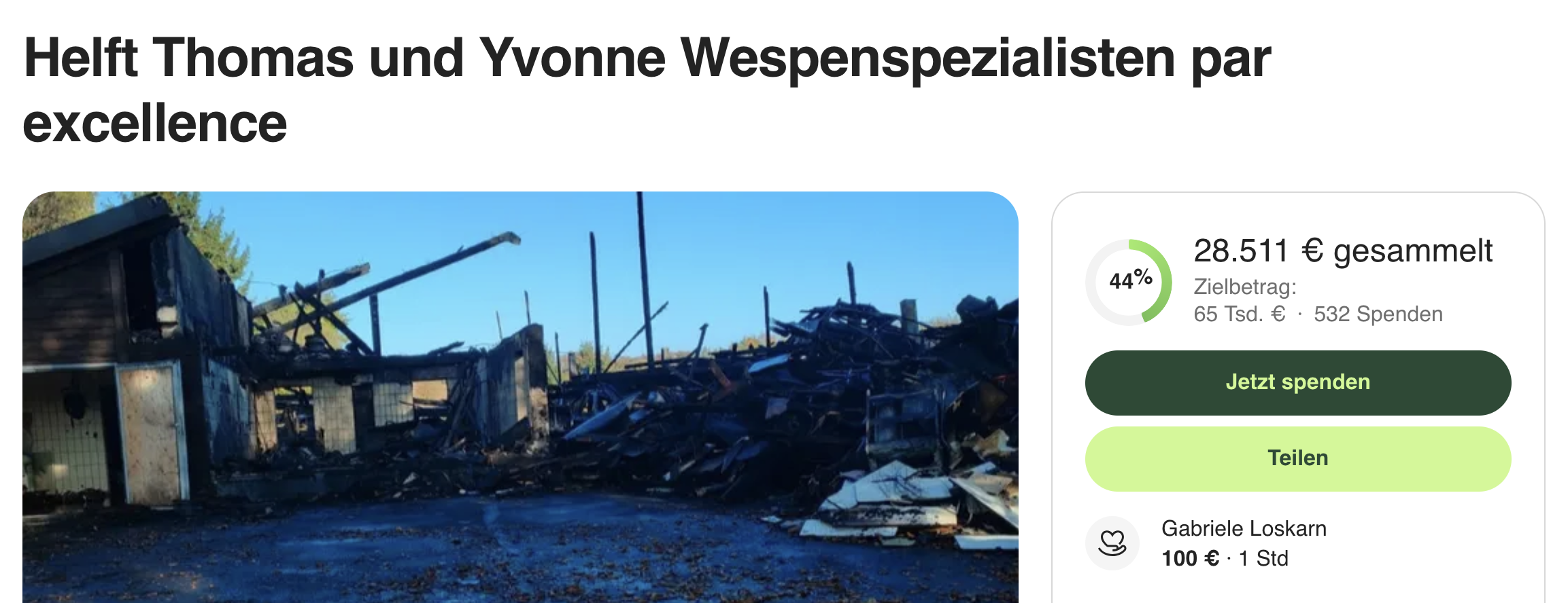 Spendenseite von Gofundme für Spendenaktion Thomas und Yvonne Beissel