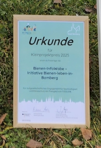 Urkunde zum "MitMachKlima" Kleinprojektpreis 2025 für Initiative Bienen-leben-in-Bamberg.de