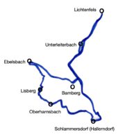 Route der Teilnehmerwohnorte im Imkeranfaengerkurs AK26 / Bienen-leben-in-Bamberg.de
