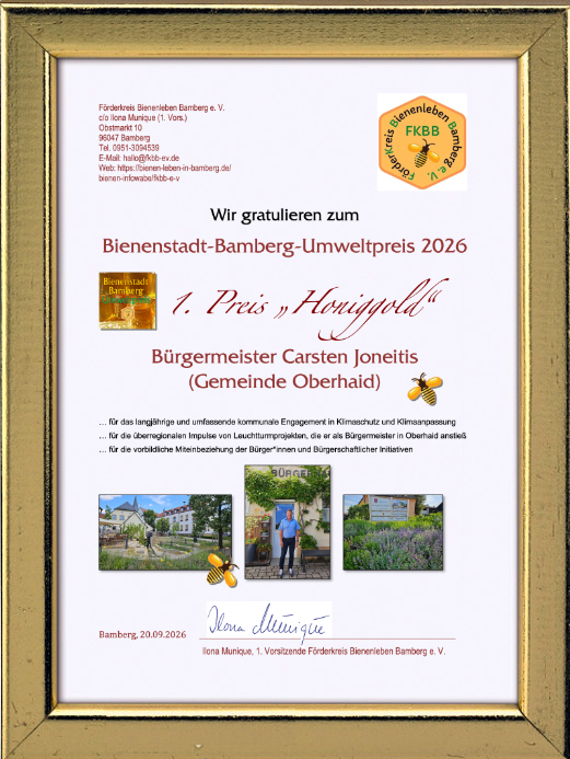 Urkunde zum Bienenstadt-Bamberg-Umweltpreis 2026 (BBU26)